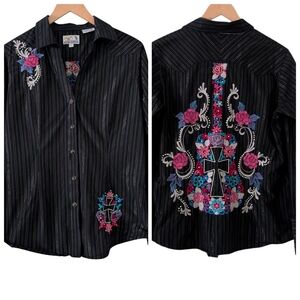 Panhandle Slim Metallic Pinstripe Embroidered Cross Guitar Western Shirt Large